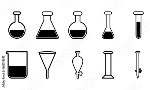 A variety of laboratory glassware filled with liquid, lined up neatly