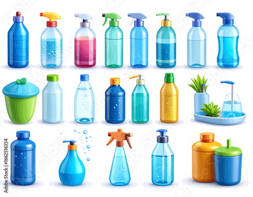 Assortment of colorful liquid dispensers, sprays, and bottles for various domestic tasks and personal care