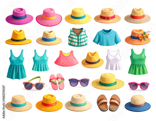 A vibrant assortment of essential summer fashion items, perfect for sunny holidays and beach vacations