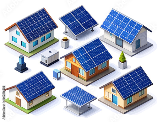 Diverse Isometric 3D Solar Powered Houses Collection Representing Sustainable Residential Energy Solutions