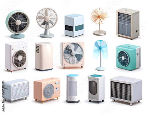 Collection of various cooling fans, air conditioning units, and portable electric heaters for home climate