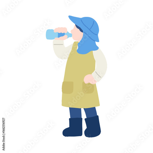 水分補給をする働く人(農家)のフラットなイラスト
