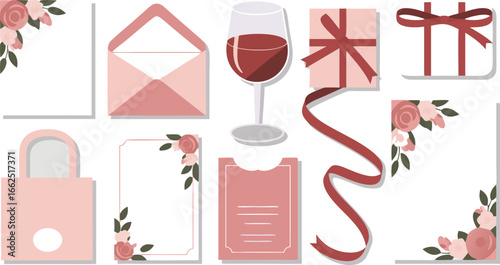 Pastel Pink Stationery Mockup with Flowers, Wine, Gift Boxes and Ribbon Illustration