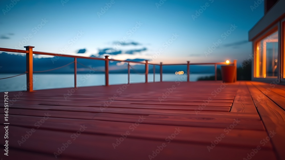 Naklejka premium Wooden deck at twilight with warm ambient lighting, offering a peaceful and atmospheric outdoor setting.
