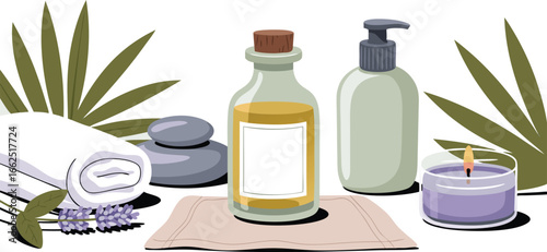 Spa Still Life Oil Bottle, Lotion, Candle, Towel, and Stones with Lavender