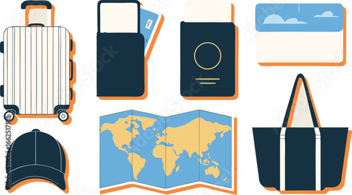 Travel Essentials Suitcase, Passport, World Map, Beach Bag, Baseball Cap, and Ticket Holder Illustration