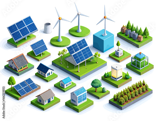 Modern isometric collection of diverse green energy solutions and sustainable urban development elements