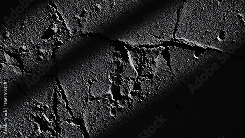 Close-up of a textured dark concrete wall with rough patterns and natural shadows, highlighting macro details.