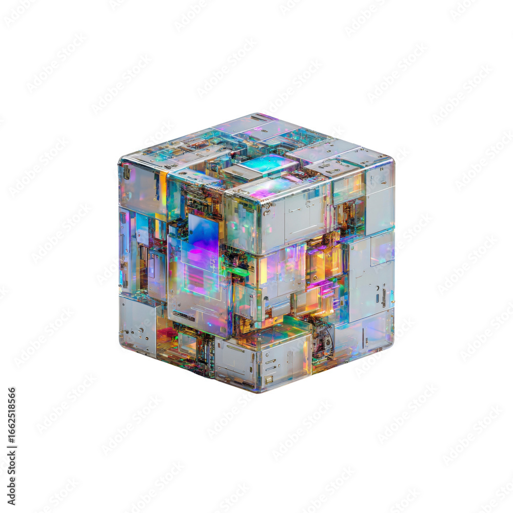 Obraz premium Abstract 3D Render of a Complex Iridescent Cube, Representing Technology, Innovation, and Data