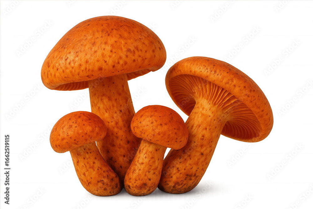 Fototapeta premium Orange mushrooms clustering together, showing varied dimensions against transparent surface