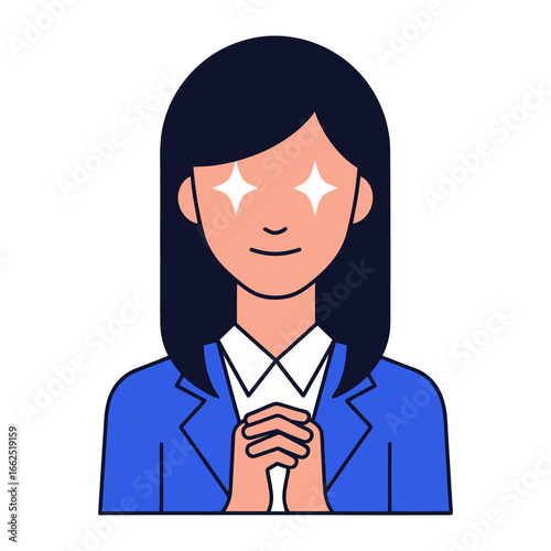 Optimistic Office Lady: An illustration of a woman in a professional attire, hands clasped and her eyes sparkling with optimistic, ready to take on the new challenge 