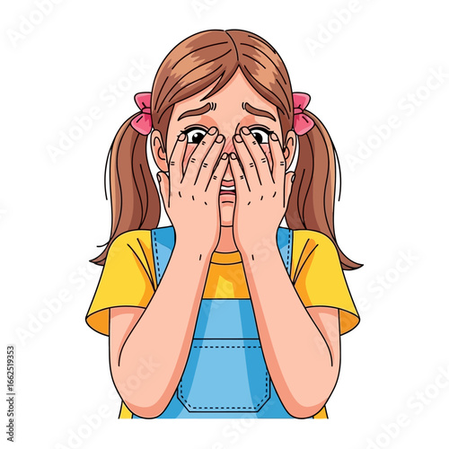 Shy Girl Hiding Face: A young girl covers her face with her hands, portraying timidity and a spectrum of emotions like embarrassment, and apprehension.