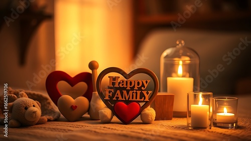 Cozy scene with heart-shaped arrangement of objects, warm lighting representing family and love.