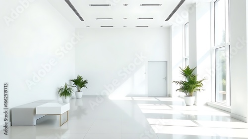 Modern office lobby with white walls and minimal decor, exuding clean architectural simplicity.