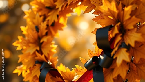 Golden oak leaves wreath with black-red-gold ribbons, soft bokeh lights in national colors.