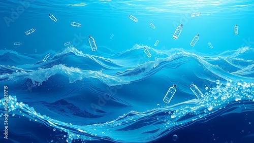 Floating plastic bottles in ocean waves illustrating environmental pollution.