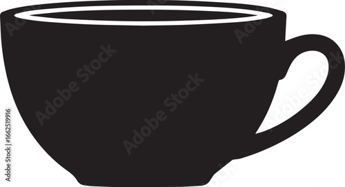A simple black silhouette icon of a wide rounded coffee cup with a handle viewed from the side