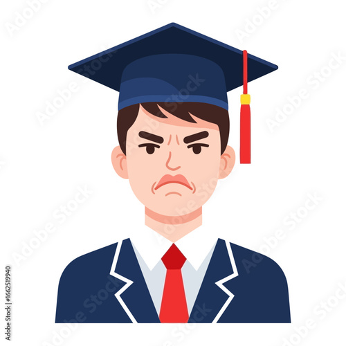 Frustrated Scholar: A student wearing graduation cap and gown looks annoyed and displeased, possibly reflecting the challenging path of academic study.