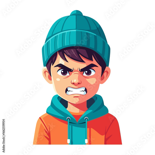 Frustration Portrait: Illustration of an expressive boy wearing a beanie and a hooded sweatshirt. Capturing the child's emotion in vivid detail.