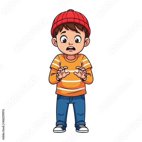 Anxious Kid: A young boy in an orange striped shirt, red hat, and blue jeans conveys a sense of fear through body language. His wide eyes and outstretched hands speak volumes about his inner turmoil.