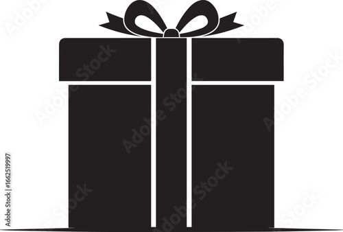 A simple black silhouette of a square gift box wrapped with a ribbon and topped with a decorative bow