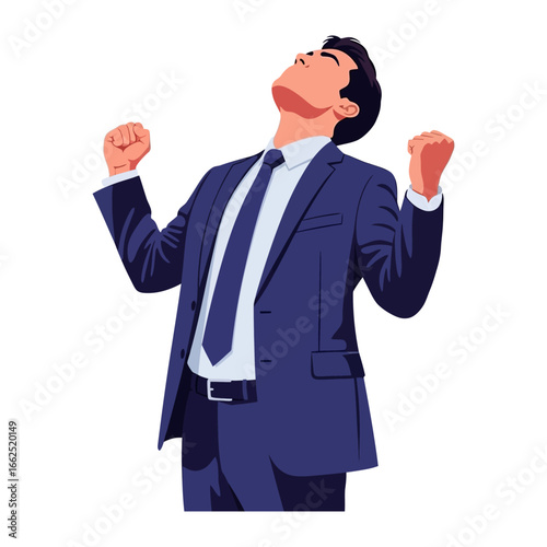 Triumphant Businessman in Joyful Pose: A vibrant illustration of a businessman, radiating achievement as he raises his arms, eyes fixed upwards in triumphant glee.