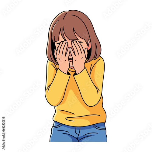 A Moment of Sadness: A young girl, cloaked in a simple outfit, covers her face with hands, lost in a torrent of tears. Expressing vulnerability and the quiet ache of sorrow.