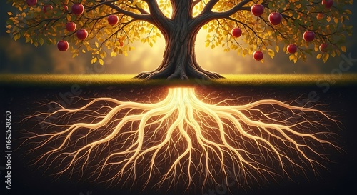 Illuminated Apple Tree: Above and Below, Revealing Roots and Fruit
