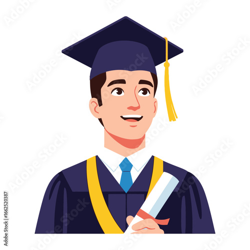 Graduation Day Dreamer: A graduating student in a cap and gown, with a hopeful gaze, clutching a diploma, symbolizing dreams and aspirations for the future. 