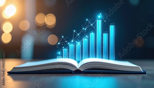 A glowing open book with digital graphs emerging, symbolizing the fusion of knowledge and data analytics in a modern context.