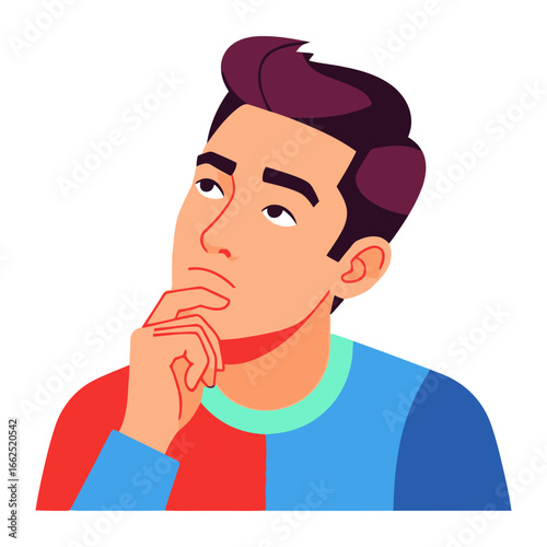 Introspective Musings: A contemplative individual gazes upwards with a thoughtful expression, hand delicately touching his chin, against a clean, bright backdrop.
