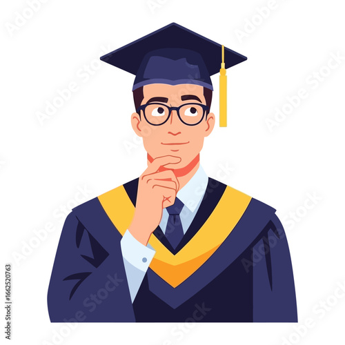 Scholar's Contemplation: A thoughtful graduate in cap and gown, embodying academic pursuit and contemplation for the future.