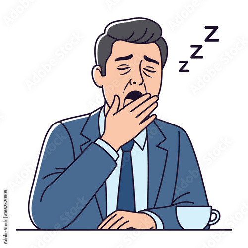 Exhaustion's Embrace: A professional man, visibly fatigued, struggles to stay awake, his wide yawn mirroring the weight of weariness