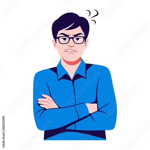 Frustrated man: A person with crossed arms exhibits frustration and anger. Expressing displeasure with a touch of the dramatic. 