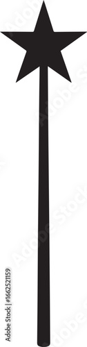 Classic black magic wand with a fivepointed star tip presented as a simple solid silhouette icon