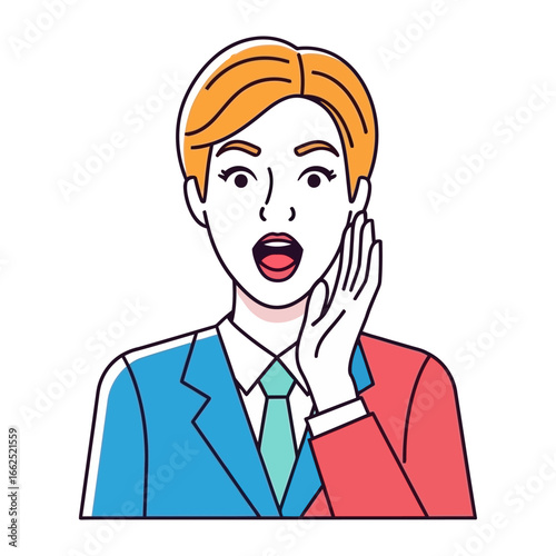 Illustration of Astonished Professional: A striking illustration of a professional exuding shock, with a hand near the open mouth, capturing an emotion of disbelief and surprise. 