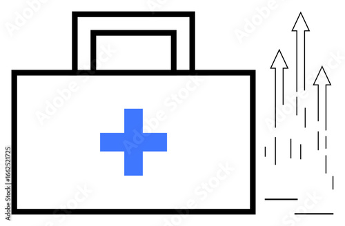 Medical kit with a blue cross alongside rising arrows conveys health services, recovery, progress. Ideal for healthcare, growth, innovation, wellness, treatment access, medical advancements