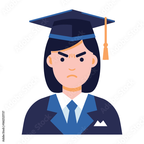 Student Frustration: A digitally-rendered illustration showcases a graduate in a graduation cap, embodying frustration with a stern expression, in an artistic and cartoonish style.