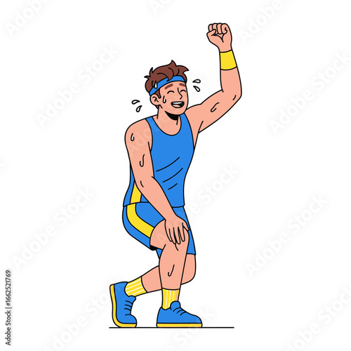 Victory's Vigor: A triumphant athlete, drenched in sweat and energized, punches the air in elation, his face radiating the thrill of a hard-won feat.