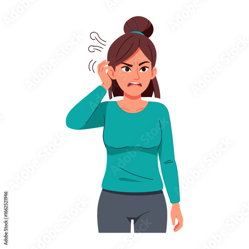 Annoyance: A frustrated woman scratches her ear in a vibrant and clean illustration, symbolizing the feelings of irritation and agitation.