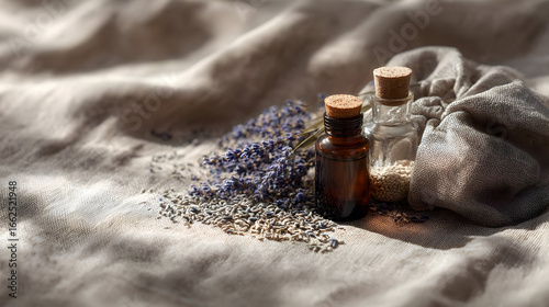 Lavender Essential Oils Bottles on Beige Fabric