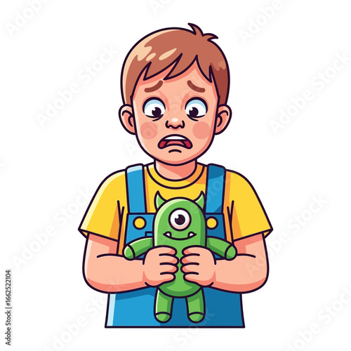Child's Fear with Monster: A child, overcome with emotion, clutches a playful cartoon monster toy. The image encapsulates a childlike fear, innocence, and the vivid imaginary world of childhood.