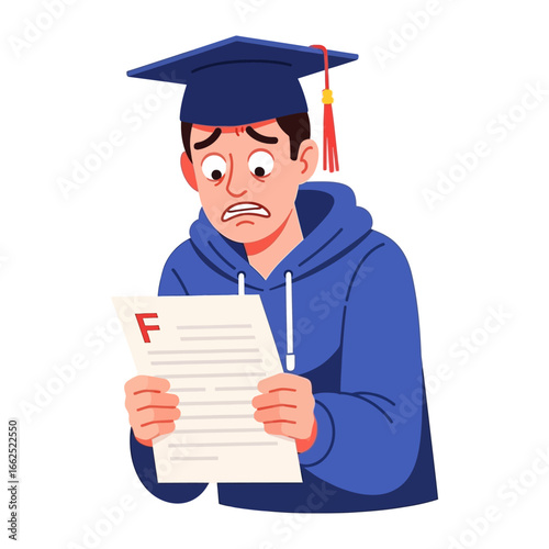 Student's Examination Angst: A student, robed in graduation attire, gazes with despair at a failing grade, his face etched with worry, anxiety and the weight of expectations.