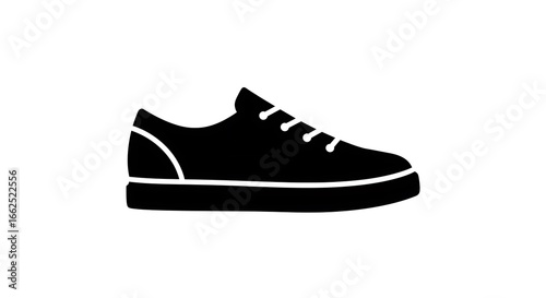 Simple black sneaker icon representing casual footwear and an active lifestyle. Vector graphic illustration of a classic trainer for sports or fashion