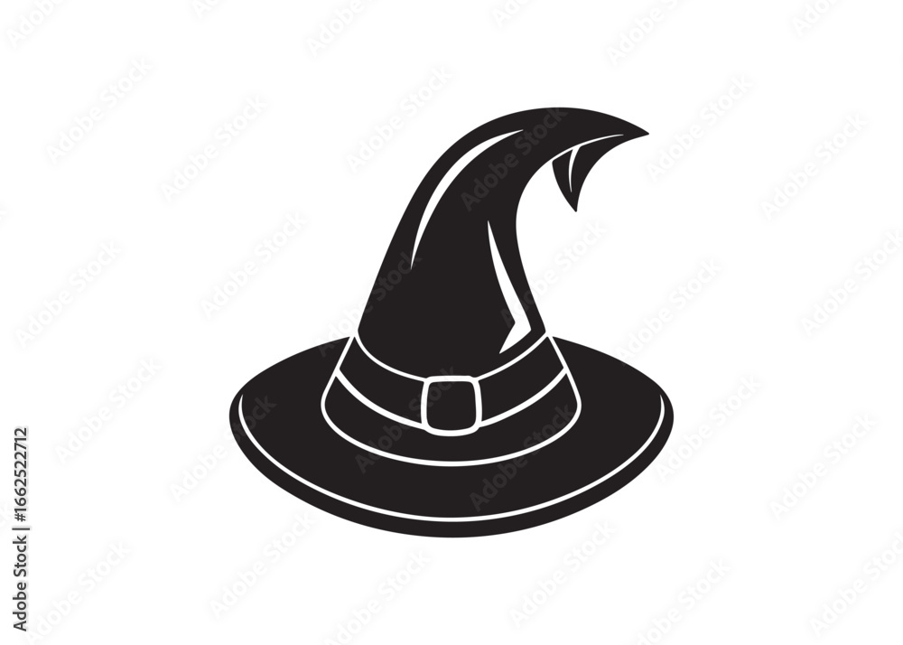 Fototapeta premium Black Silhouette of Curly Witch Hat Vector Clipart Isolated on White.