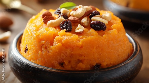 Sweet, orange, pudding topped with nuts and raisins