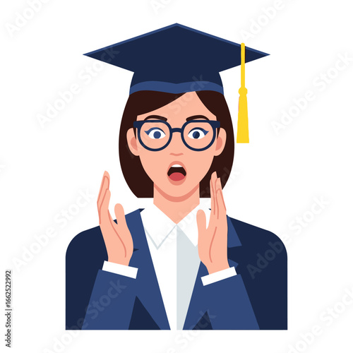 Surprised Graduate: A young graduate in cap and gown, their eyes wide with amazement, expressing pure shock and disbelief, creating a sense of academic achievement