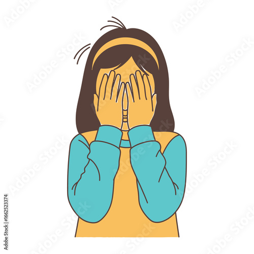 Shy Girl Covering Eyes: A stylized illustration captures a young girl shielding her eyes with both hands, embodying shyness and self-consciousness, perfect for conveying vulnerability.