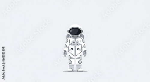 Minimalist vector illustration of a spaceman character in a futuristic white suit. Concept for space travel, science, and discovery on a simple background