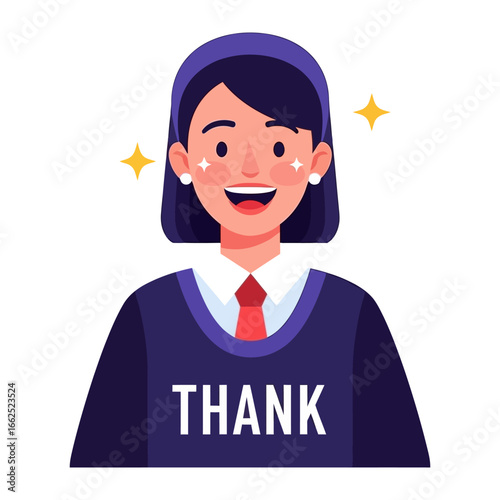 Appreciation: A woman with the words Thank on her shirt wears a friendly smile, she expresses gratitude and acknowledgement.